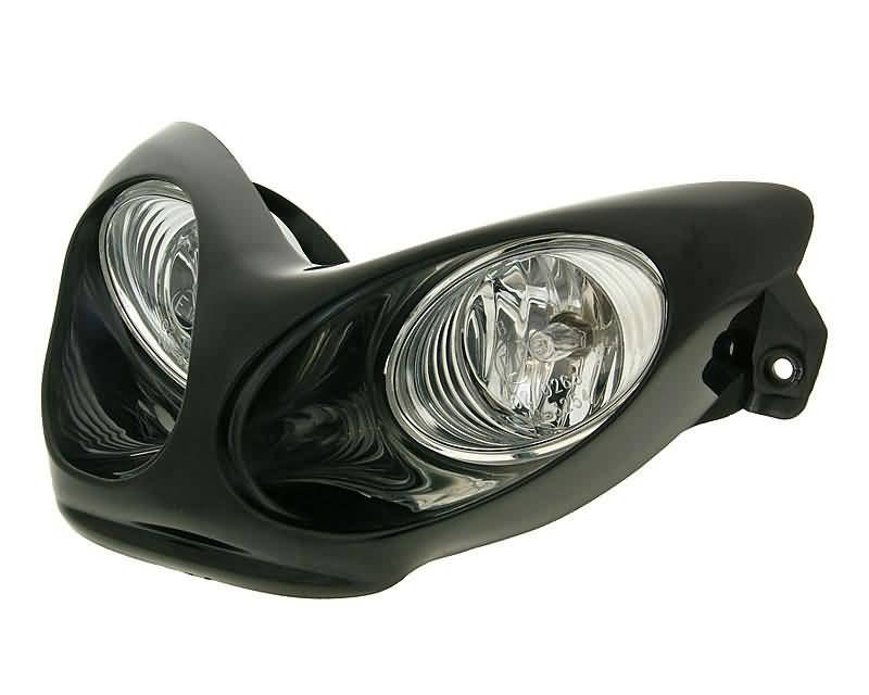 Far dublu optic halogen H3 negru omologat E pentru Yamaha Aerox 50, Aerox 100, MBK Nitro 50 și alte modele