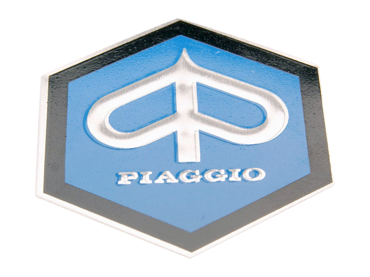 Emblemă CIF Piaggio hexagonală 42mm adezivă pentru Vespa 150 GL, 180 Rally, 200 Rally, Ape 50 și alte modele