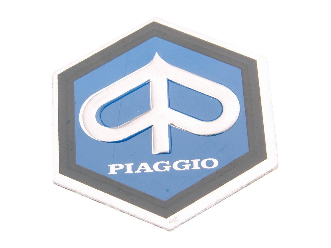 Emblemă CIF Piaggio hexagonală 25x30mm aluminiu de lipit pentru Vespa Classic Primavera 125, Rally 180, Rally 200, 50 Super Sprint și alte modele