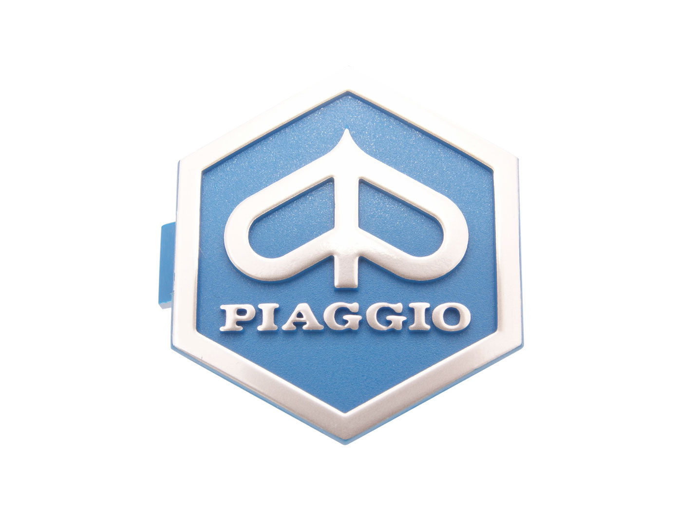 Emblemă Piaggio 3D hexagonală 32x37mm albastru / argintiu pentru Vespa Classic, LML și alte modele
