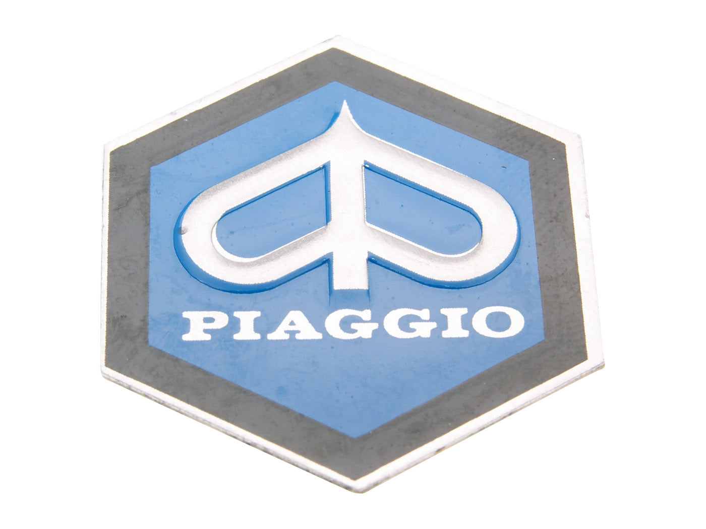 Emblemă CIF Piaggio hexagonală 31x36mm aluminiu adezivă pentru Vespa Classic PK 50, PK 80 și alte modele