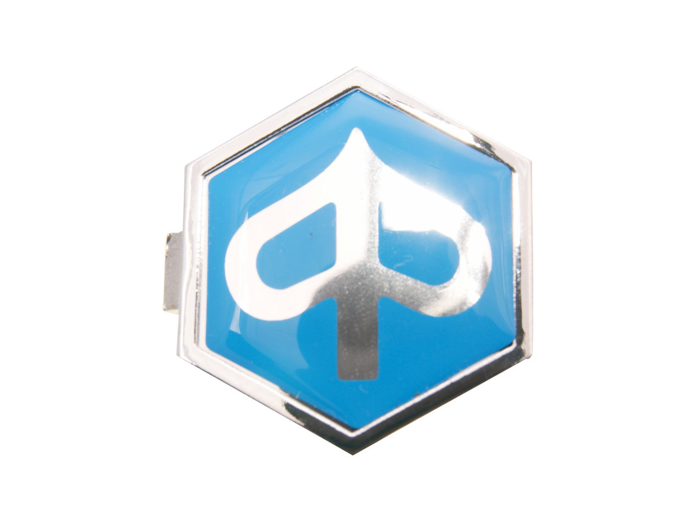 Emblemă CIF Piaggio hexagonală 32x37mm albastru / argintiu pentru Piaggio, Vespa Classic, Vespa Modern și alte modele