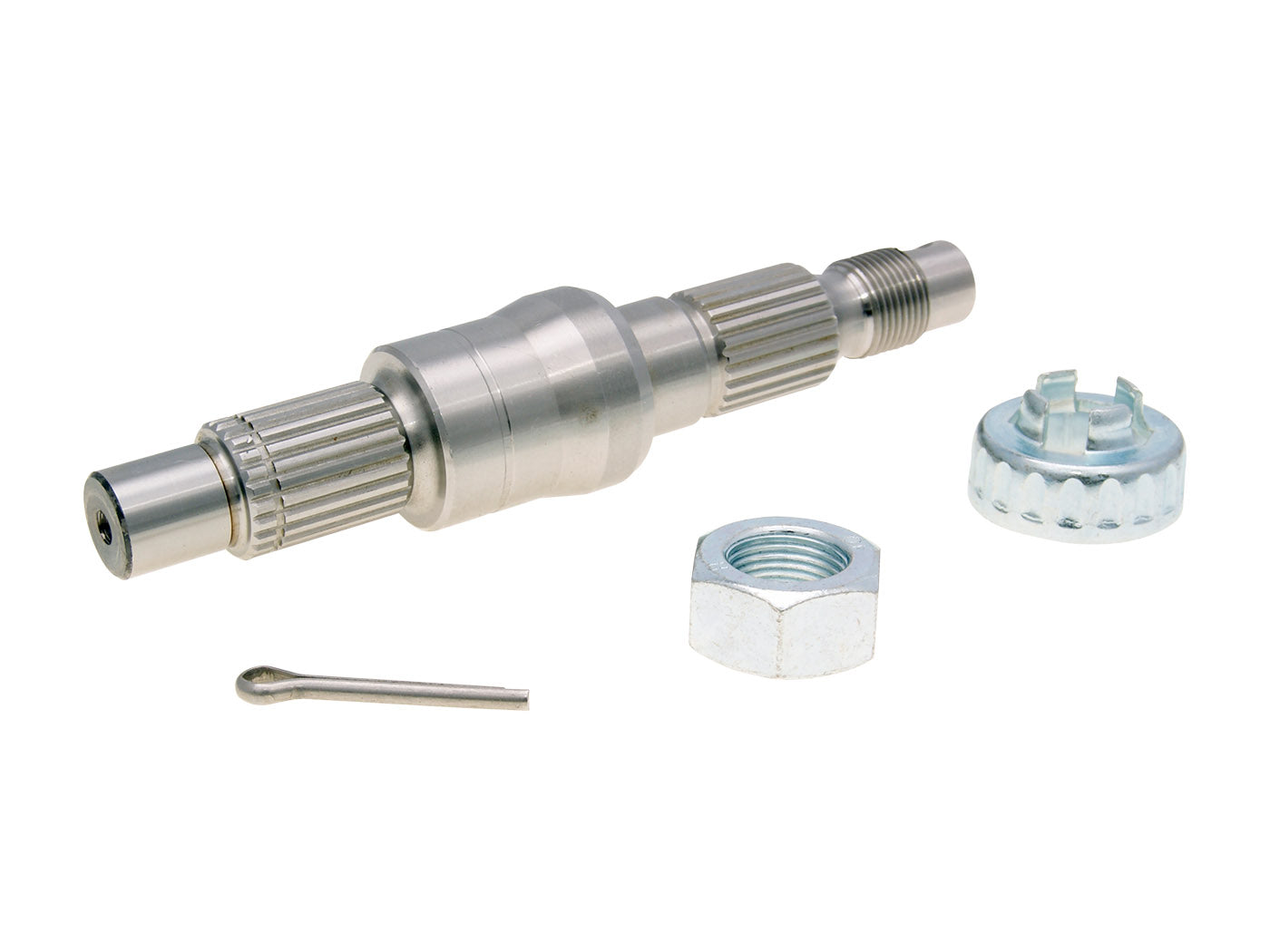 Ax transmisie ieșire 143mm cu piuliță, piuliță coroană și splint pentru Piaggio Hexagon 125, Sfera 125, SKR 125, TPH 125, Hexagon 150 și alte modele 2T