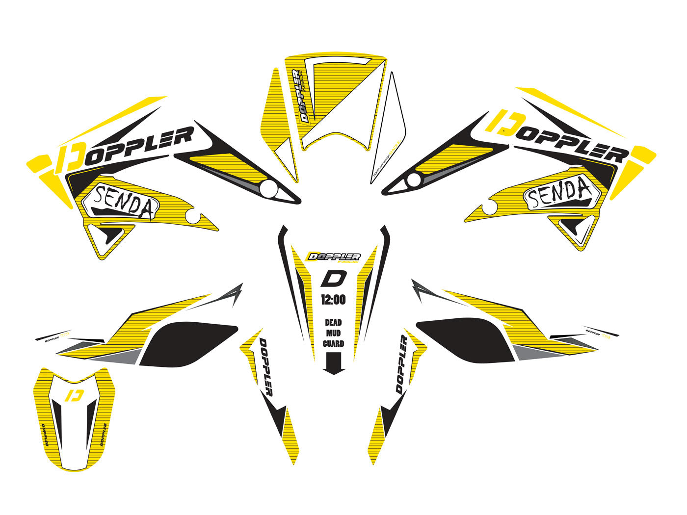 Set autocolante Doppler alb-negru-galben pentru Derbi Senda 50 R DRD Racing, Senda 50 R DRD X-Treme, Senda 50 SM DRD și alte modele 2011-2017