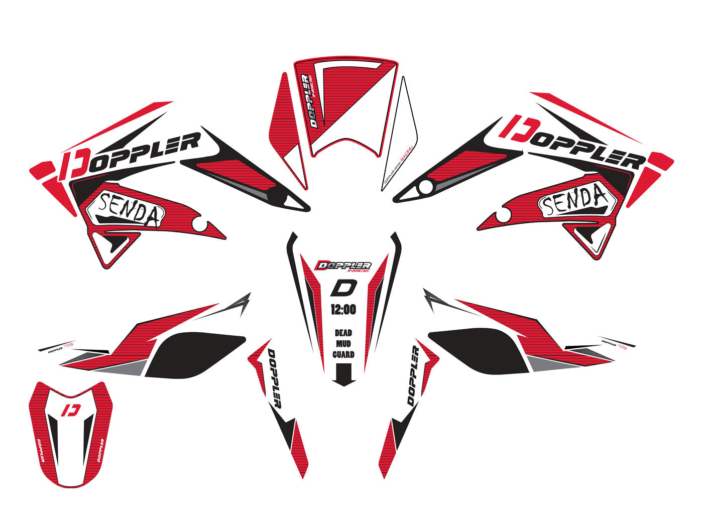 Set autocolante Doppler negru-roșu-alb pentru Derbi Senda 50 R DRD Racing, Senda 50 R DRD X-Treme, Senda 50 SM DRD și alte modele