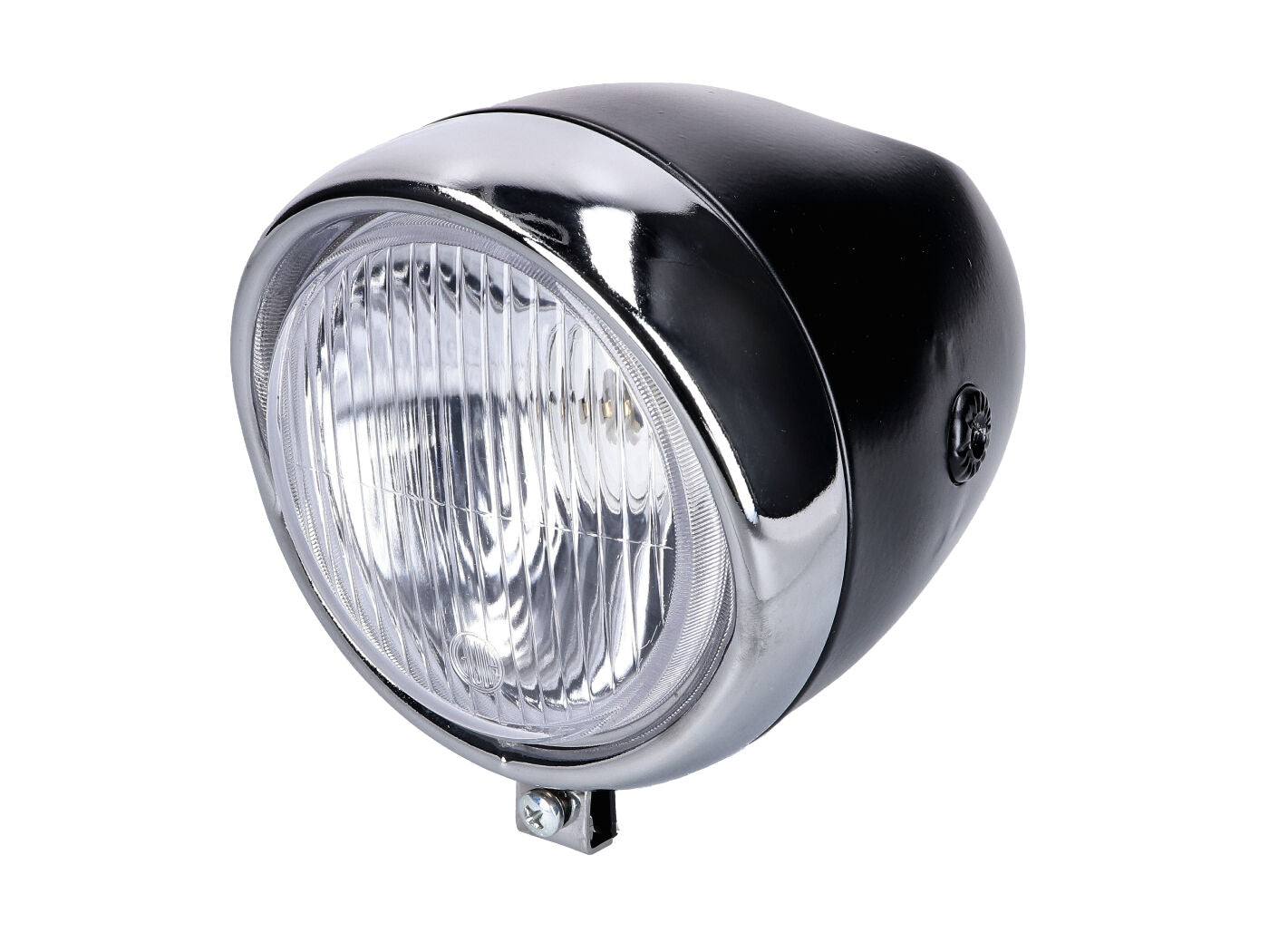 Far rotund 130mm carcasă neagră cu inel cromat pentru Puch Maxi, Condor, VS 50, MV 50, DS 50 și alte modele