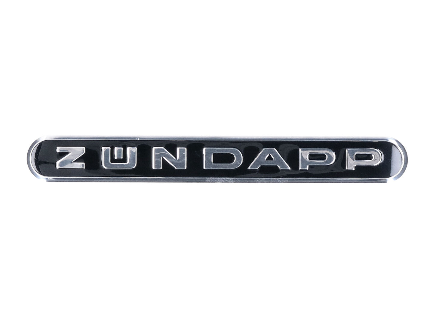 Emblemă adezivă neagră / cromată 130 x 16,5 mm din aluminiu, alungită pentru Zündapp KS 50, KS 80, SX 80, R 50 și alte modele