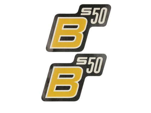 Autocolant / Folie Inscripție S50 B negru-galben-alb 2 bucăți pentru Simson S50