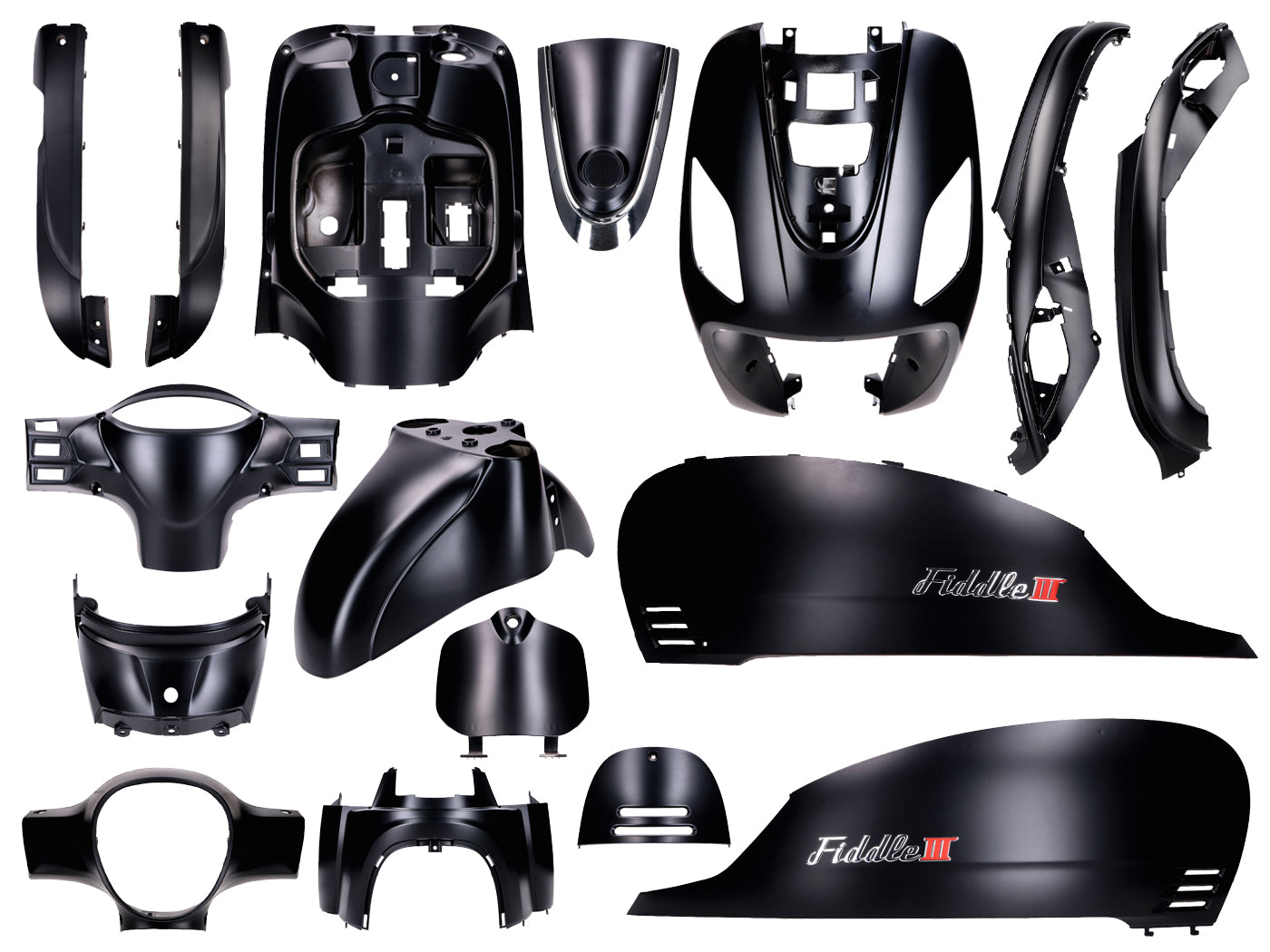 Kit carenaj negru mat 16 piese pentru SYM Fiddle III 50, 125, 200 ie 4T 2014-2020