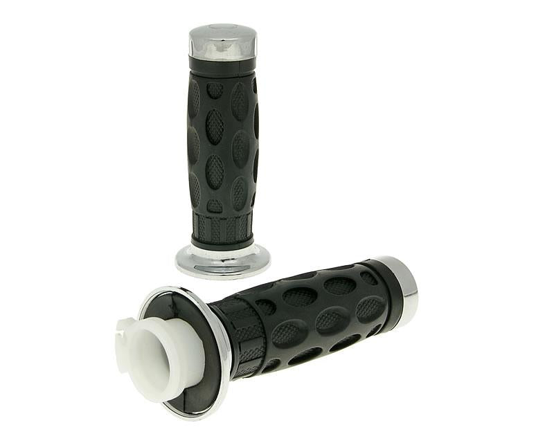 Set manșoane ghidon 101 Octane cromate stânga-dreapta cu tub accelerație pentru scutere GY6 50cc Baotian, Flex Tech, Znen, Nova Motors și alte modele