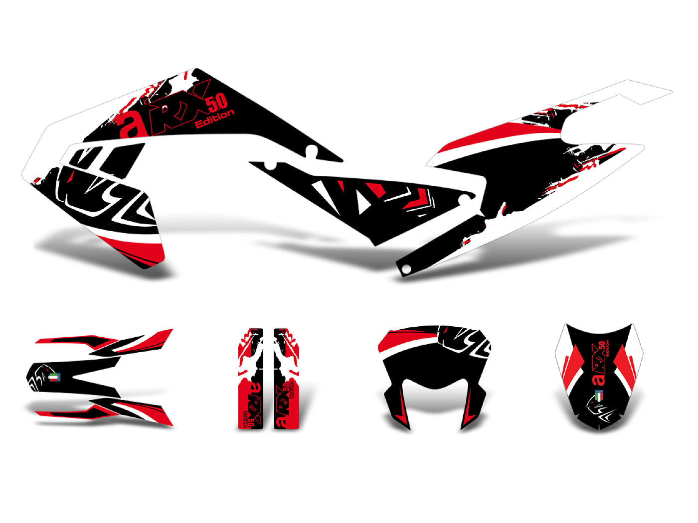 Set autocolante negru-alb-roșu lucios pentru Aprilia RX 50 18- E4, RX 50 Factory 18-20 E4
