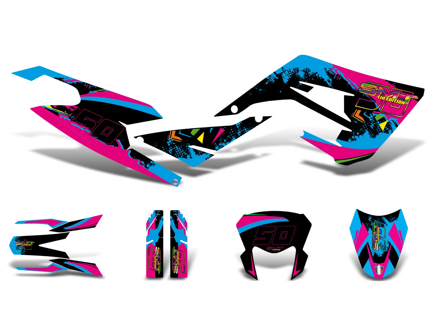 Set autocolante negru-roz-albastru lucios pentru Gilera SMT 50 18- E4, SMT 50 Drifting 2019- E4