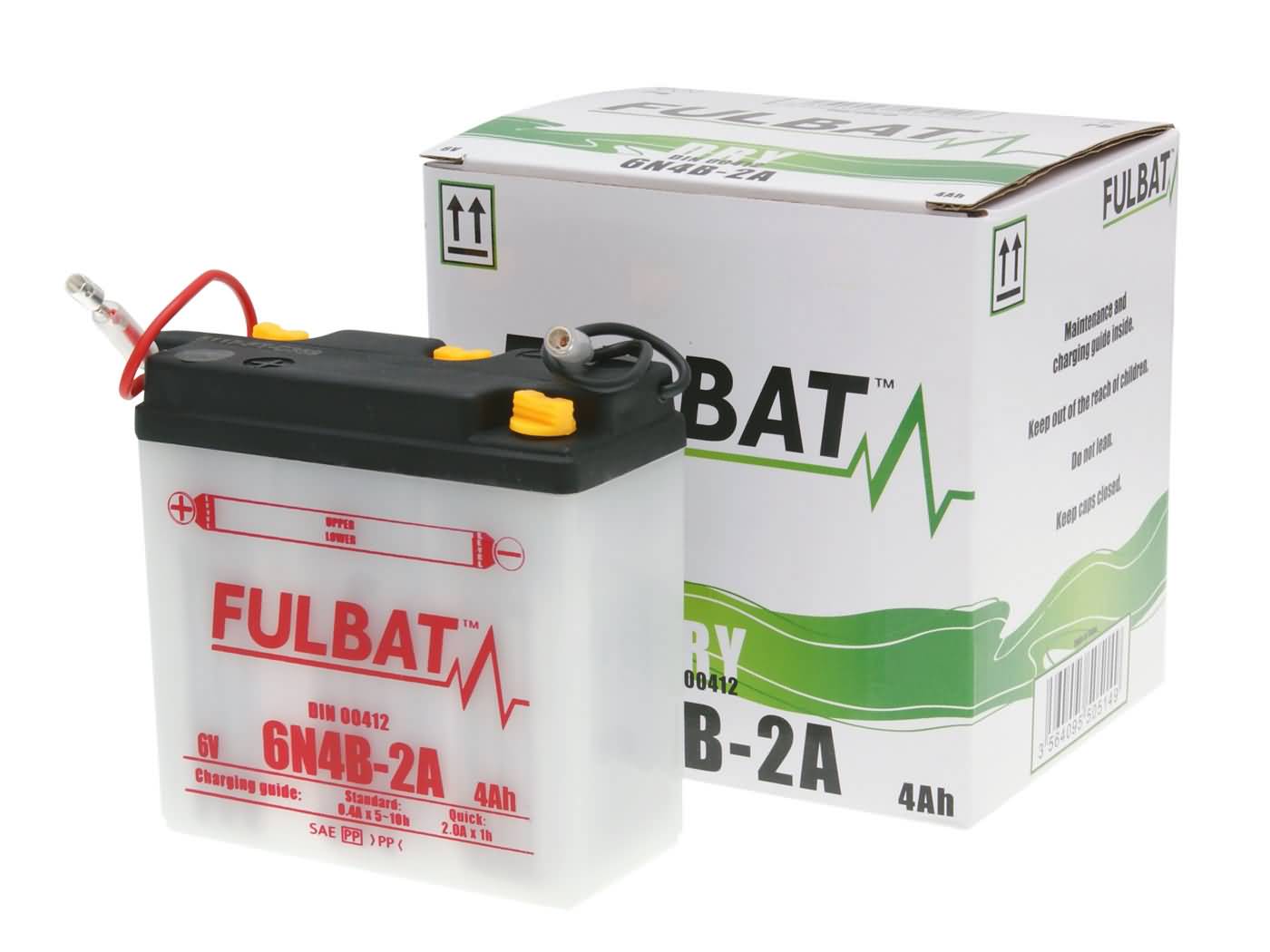 Baterie Fulbat 6V 6N4B-2A DRY cu pachet acid pentru Yamaha DT 50 R, RD 80 LC II, RD 50 MX, Simson KR51 Schwalbe, Suzuki TS 50 X