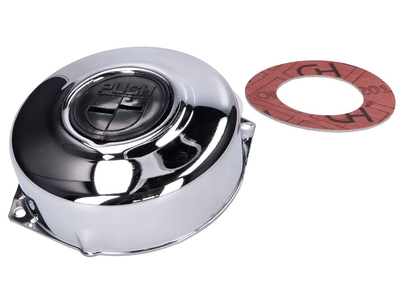 Capac motor / capac alternator 101 Octane cromat, logo Puch negru pentru Puch Maxi S/N, Maxi L2A, Maxi K2, X30A și alte modele