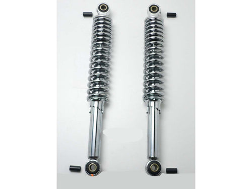 Amortizor cromat 320mm reglabil 5 poziții bucșe 10mm adaptor plastic 8mm pentru Zündapp, Hercules, Kreidler, Puch și alte mărci
