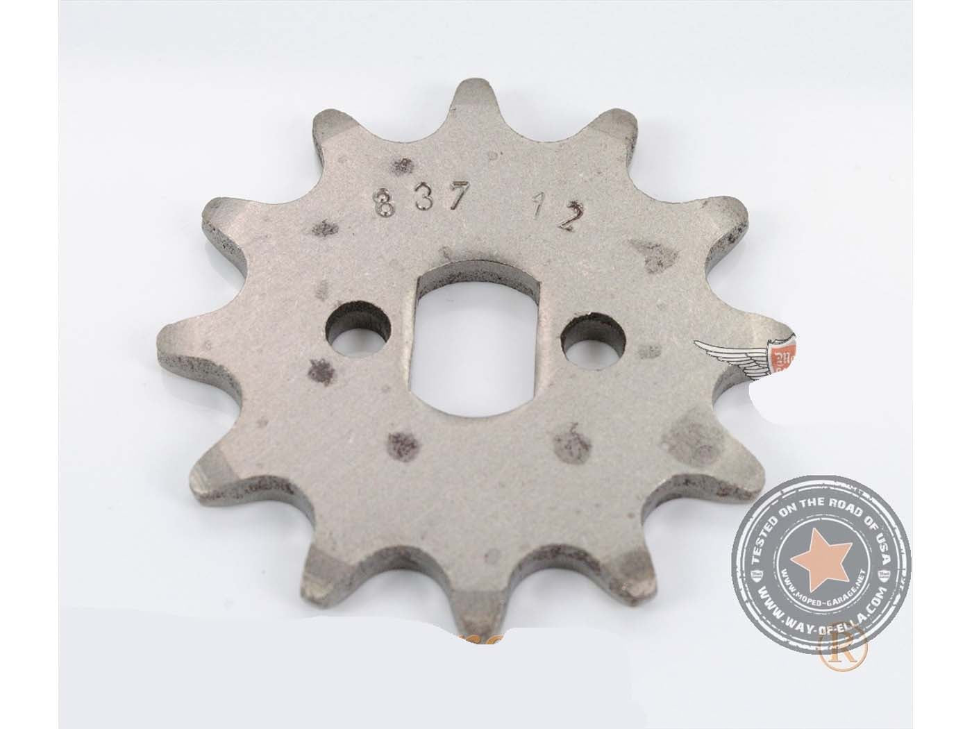 Pinion Esjot oțel 12 dinți montaj oval 15x10mm pentru Zündapp Bergsteiger M25/M50, ZD 10, ZD 20, ZD 30, ZR 10 și alte modele