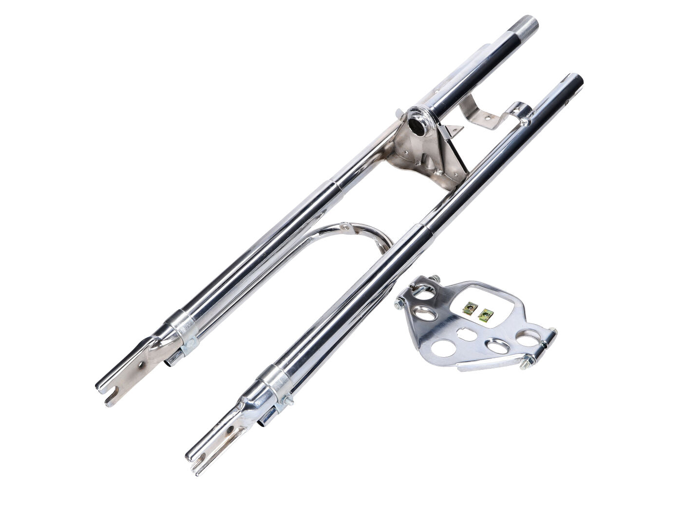 Furcă telescopică cromată 585mm cu suport apărătoare de noroi pentru Peugeot 103 LC, 103 AC, 103 Vogue