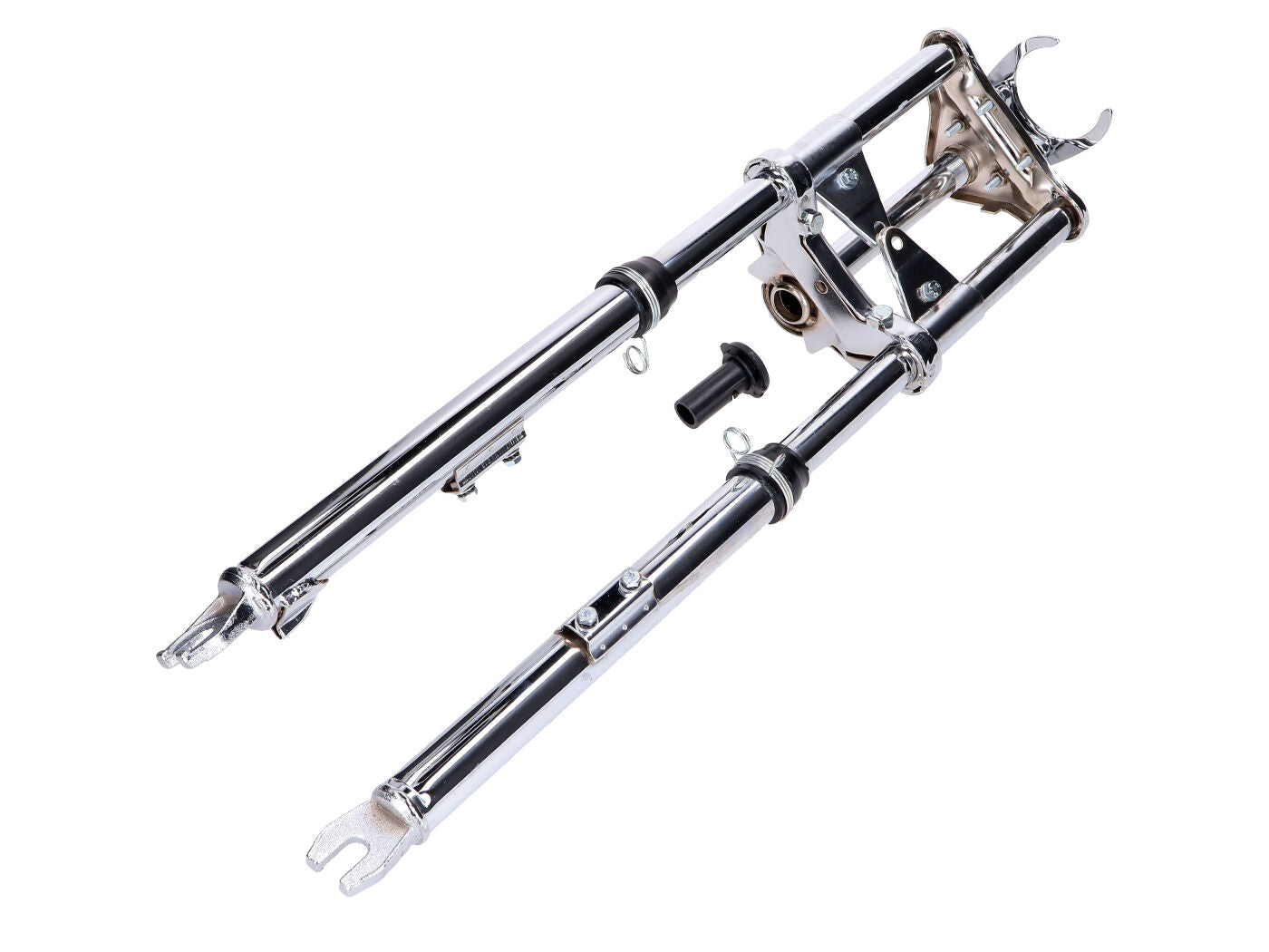 Furcă telescopică Sport cromată cu arc 650mm cu suport apărătoare pentru Peugeot 103 LC, 103 AC, 103 Vogue