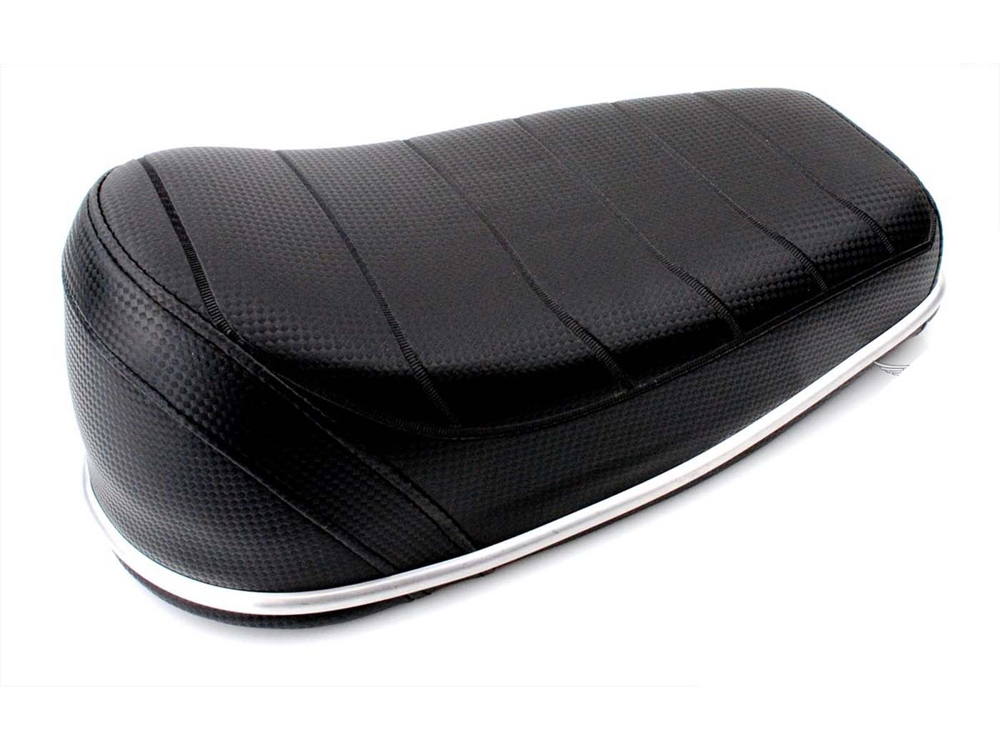 Șa aspect carbon negru 360x175x90mm cu bandă cromată pentru Hercules, Puch, Kreidler și alte modele