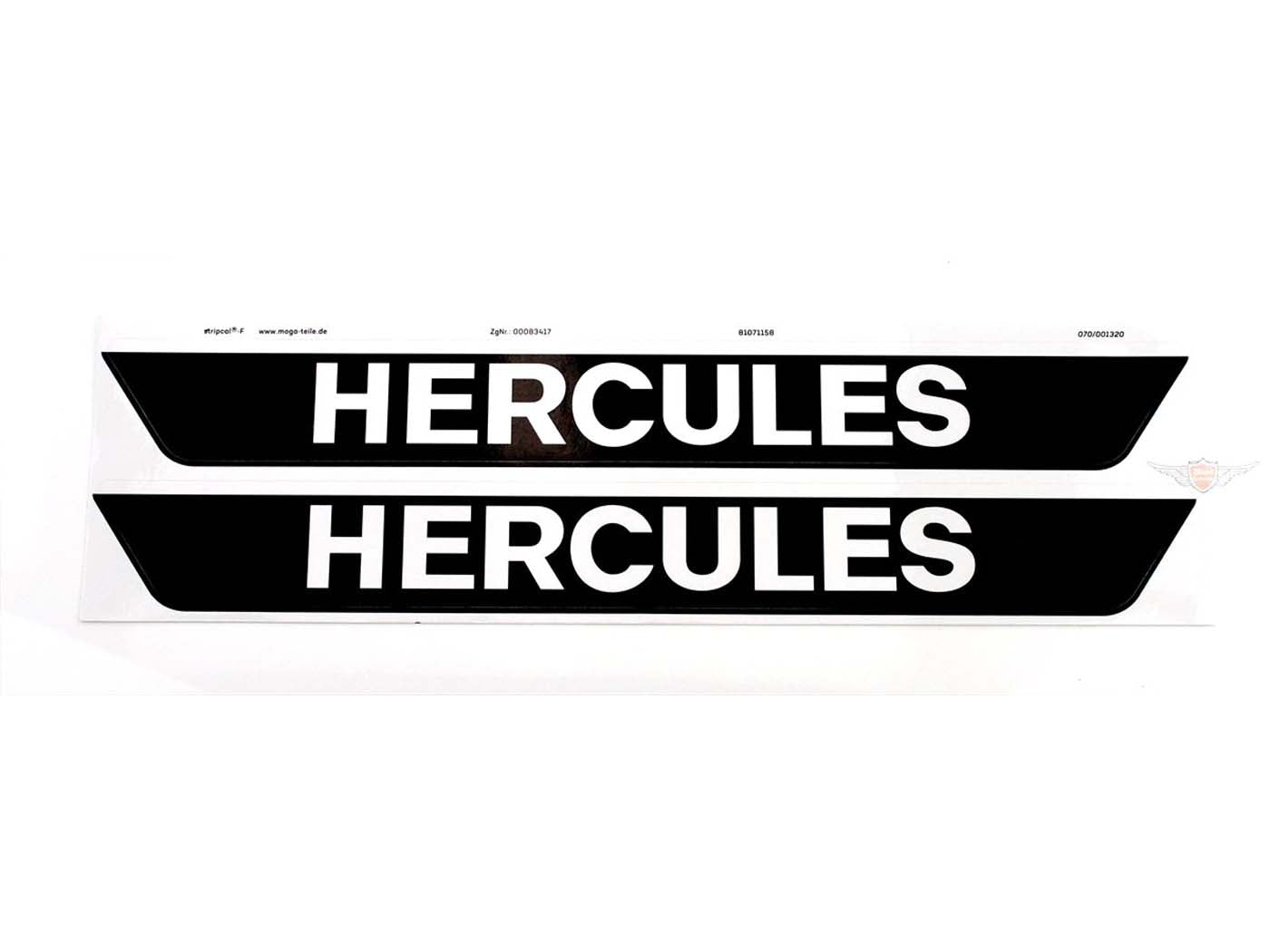 Autocolant rezervor MOGA 2 bucăți lat 327mm înalt 38mm negru lucios cu inscripție albă pentru Hercules M3, M4, M5, Prima, Sachs Optima și alte modele