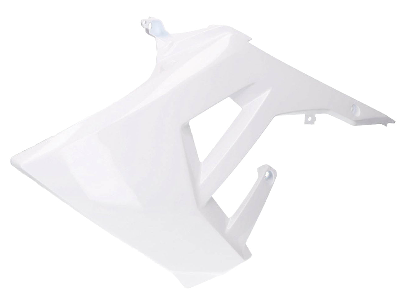 Carenaj rezervor stânga Piaggio OEM alb pentru Derbi Senda 50 R, Senda 50 SM X-Treme, Senda 50 SM Racing, Gilera RCR 50 și alte modele Euro4 2018-