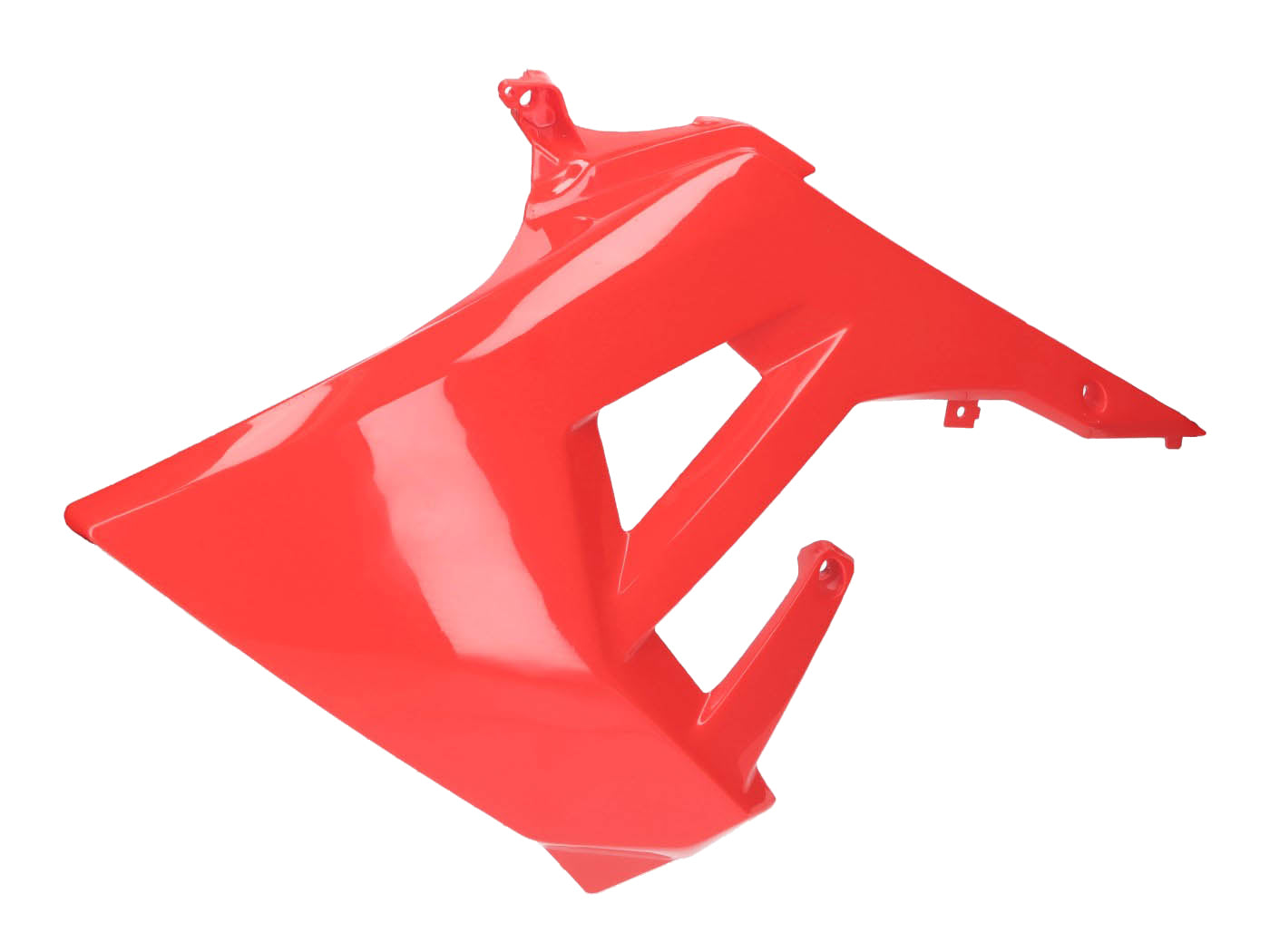 Carenaj rezervor stânga Piaggio OEM roșu pentru Derbi Senda 50 R, Senda 50 SM X-Treme, Senda 50 SM Racing, Gilera RCR 50 și alte modele Euro4 2018-