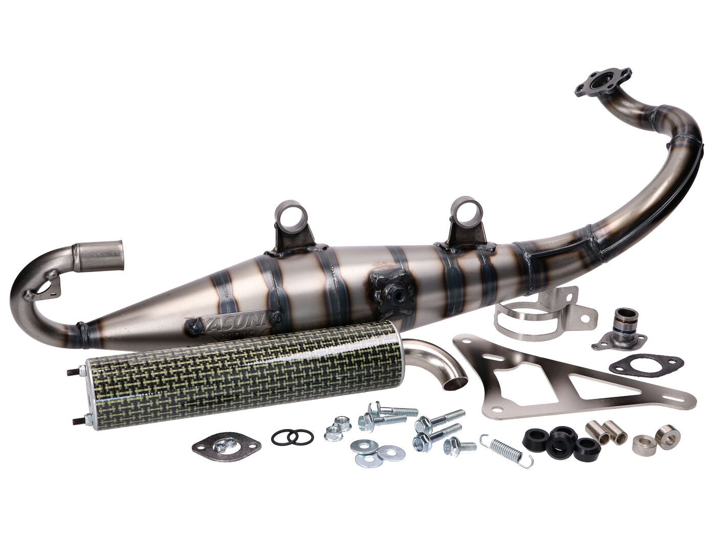 Eșapament Racing Yasuni Carrera 10 aspect carbon galben pentru Peugeot Jet Force, Speedfight 3, Citystar, Kisbee, Ludix și alte modele